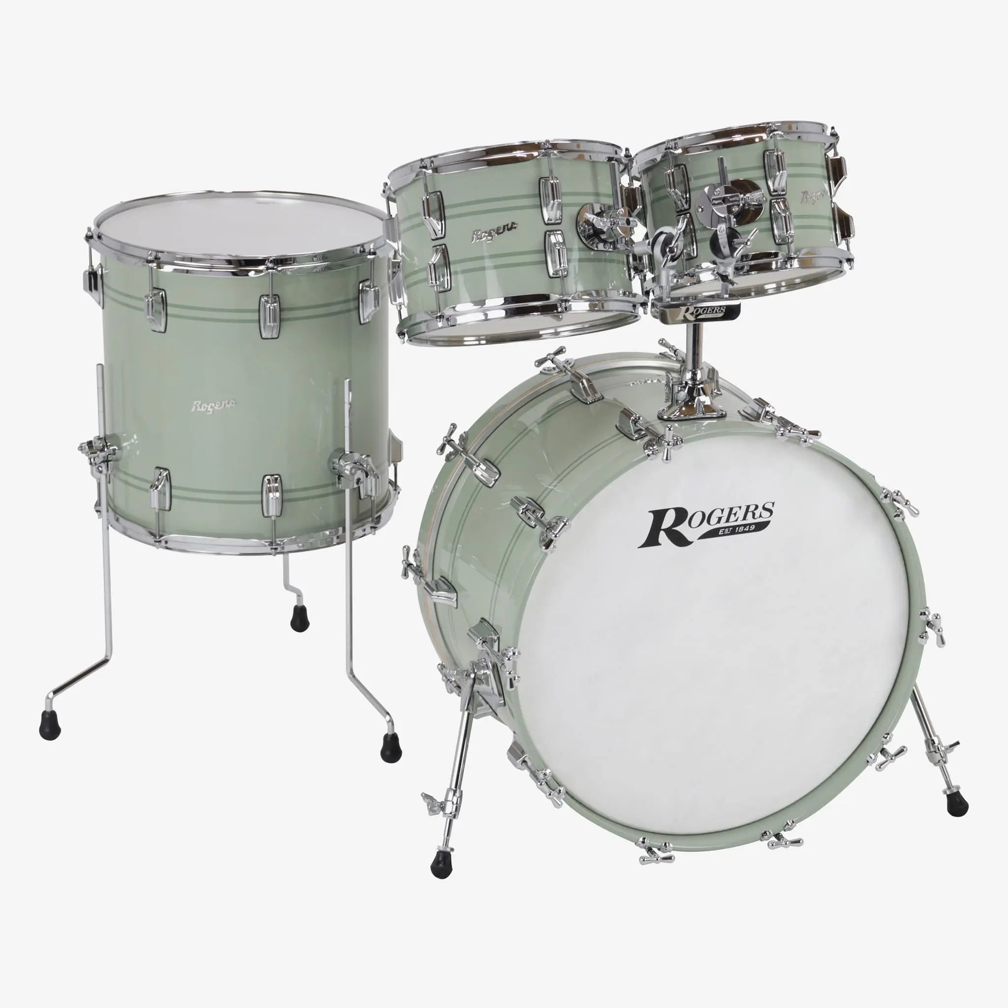 ~NEW!~ Rogers Powertone Series 4-Piece 10/12/14/20 Fusion Drum Kit Set in Sage Green with Chrome Pinstripes